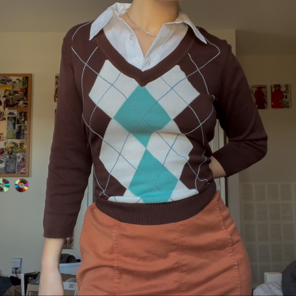 y2k argyle sweater with built in collar